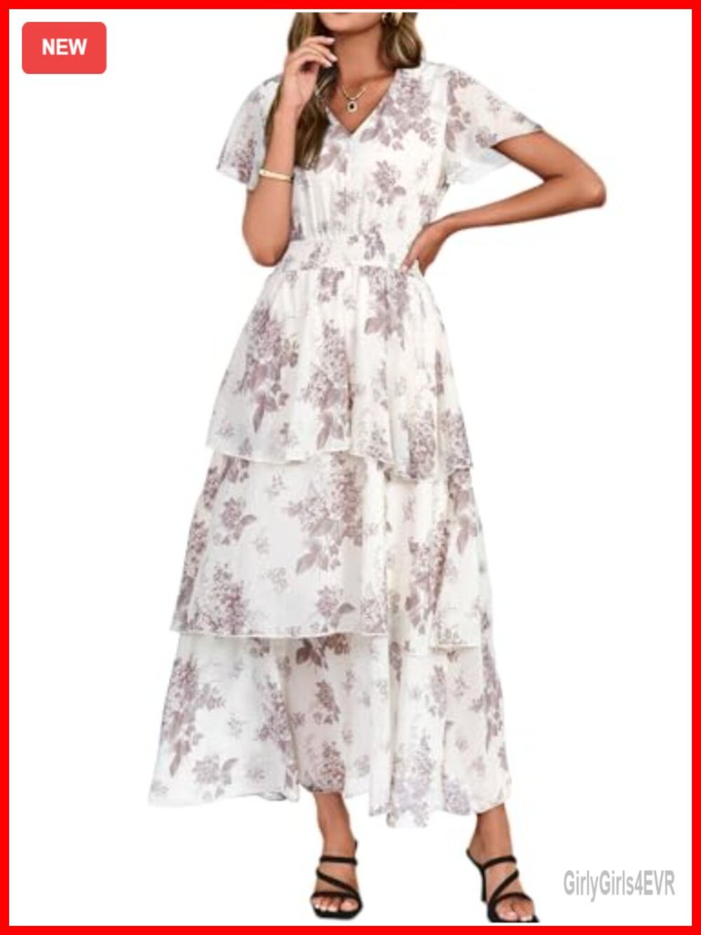 Simplee Chiffon Floral Maxi Dress Boho Tiered Short Sleeve V Neck